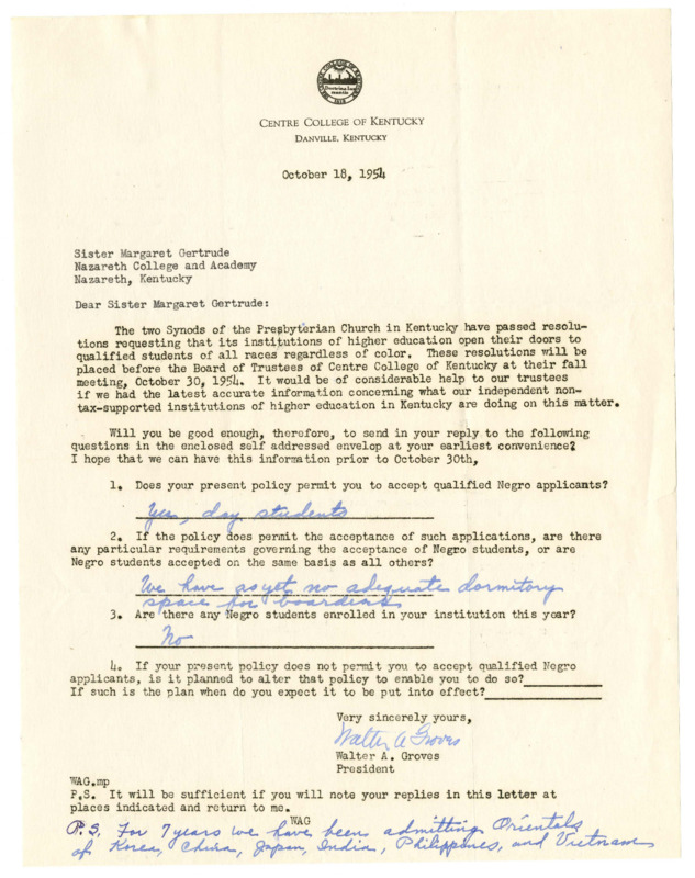 Letter from Centre President Groves to Nazareth College inquiring as to Nazareth&#039;s policies on admitting students of color, and Nazareth&#039;s response, 1954