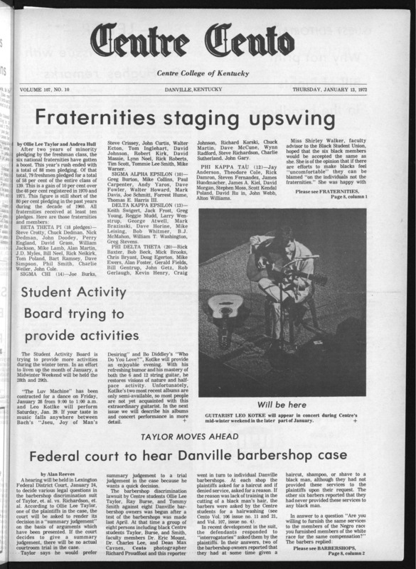 Centre Collge student newspaper article reporting on the Danville barbershop discrimination suit of Centre student Ollie Lee Taylor, et. al. vs. Richardson, et. al., 1972