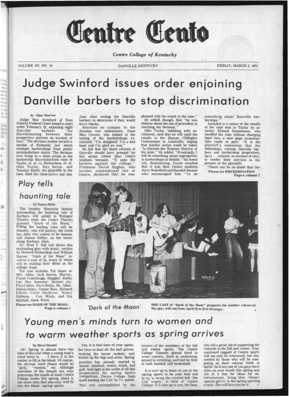 Centre College student newspaper article explaining a federal judge&#039;s orders to integrate Danville barberships, 1972