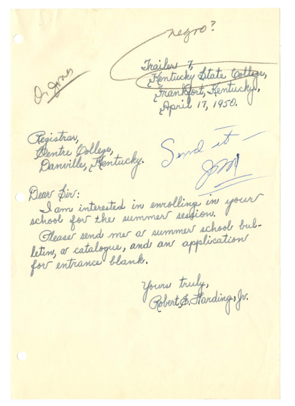Letter from Robert E. Harding, Jr. requesting to apply to Centre College, 1954
