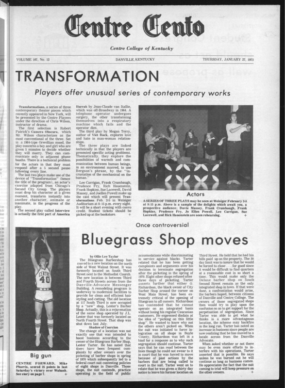 Centre College student newspaper article report on the Bluegrass Barbershop moving due to discriminatory practices, 1972