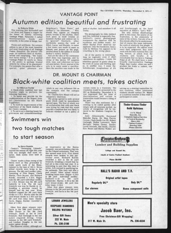 Centre College student newspaper article reporting on a meeting of the Black‐White Coalition, 1971