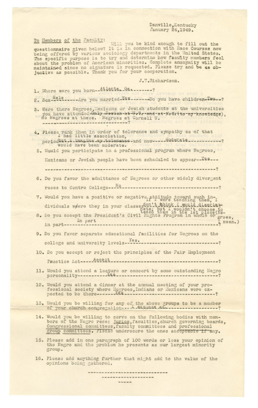 American minorities faculty questionnaire, Centre College, 1949