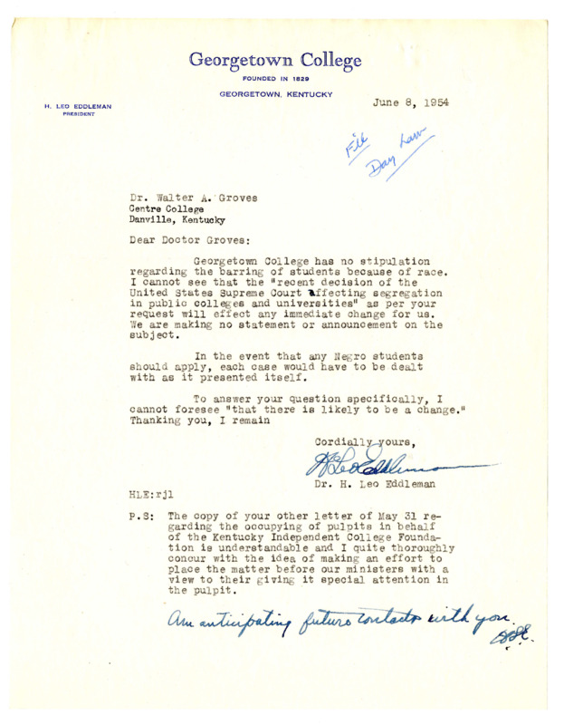 Letter from Georgetown College President H. Leo Eddleman to Centre College President Walter A. Groves regarding Georgetown&#039;s policy on race, 1954