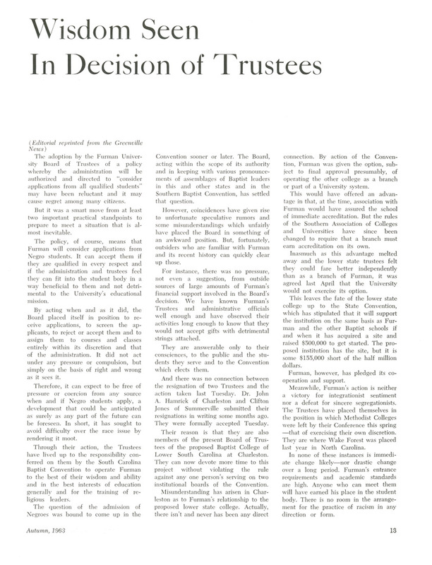 Editorial from the Greenville News, reprinted in the Furman Magazine, Autumn 1963