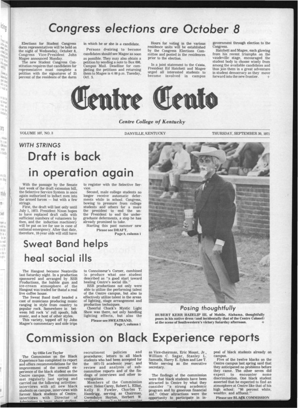 Centre College student newspaper article on the College&#039;s completed report on the Black experience at Centre College, 1971
