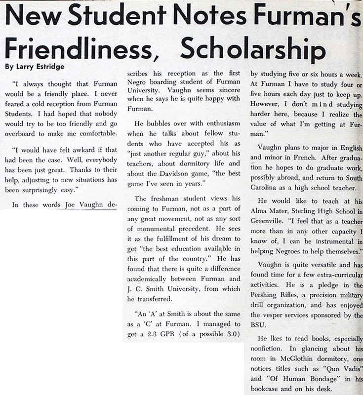 Article in The Paladin, Furman University&#039;s student newspaper