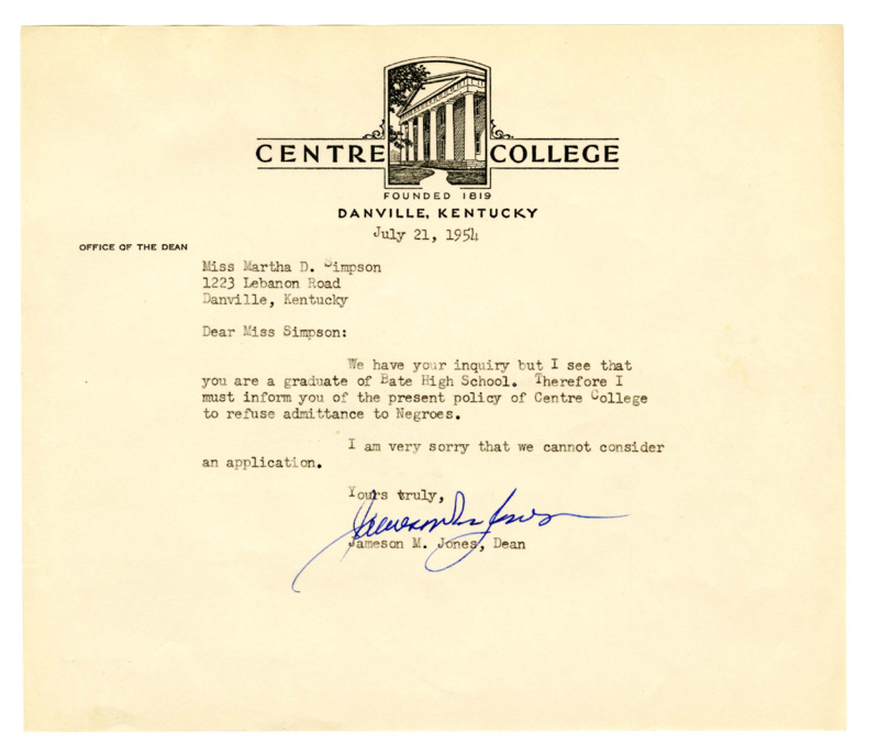 Letter from Centre College rejecting Martha D. Simpson, 1954