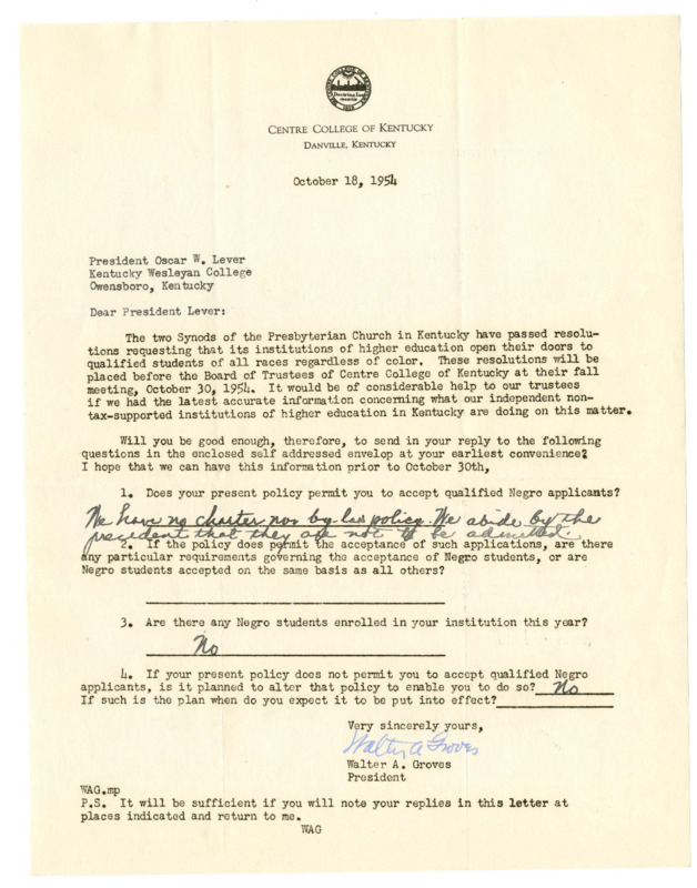 Letter from Centre President Groves to Kentucky Wesleyan College inquiring as to Kentucky Wesleyan&#039;s policies on admitting students of color, and Kentucky Wesleyan&#039;s response, 1954