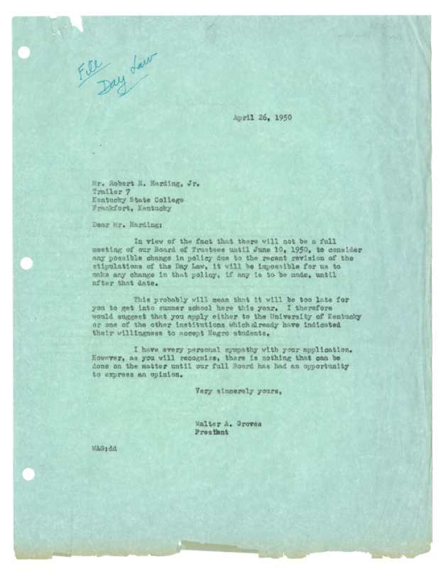 Letter from Centre College rejecting Robert E. Harding, Jr., 1954