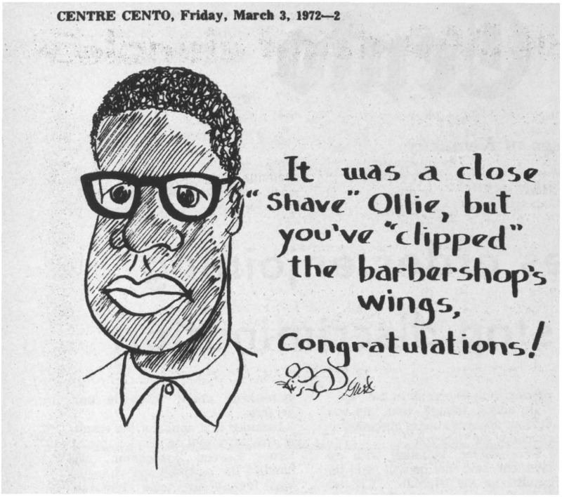 Centre College student newspaper editorial cartoon celebrating the East District Federal Court order against Danville barbershops, 1972