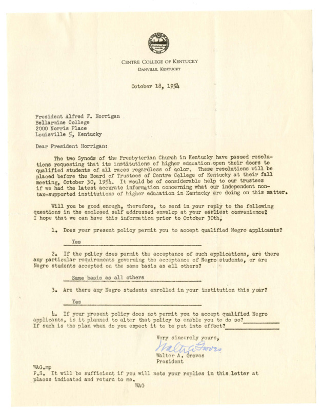 Letter from Centre President Groves to Bellarmine College inquiring as to Bellarmine&#039;s policies on admitting students of color, and Bellarmine&#039;s response, 1954
