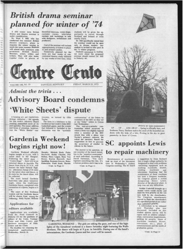 Centre College student newspaper article reporting on recent racist incidents on campus, 1973