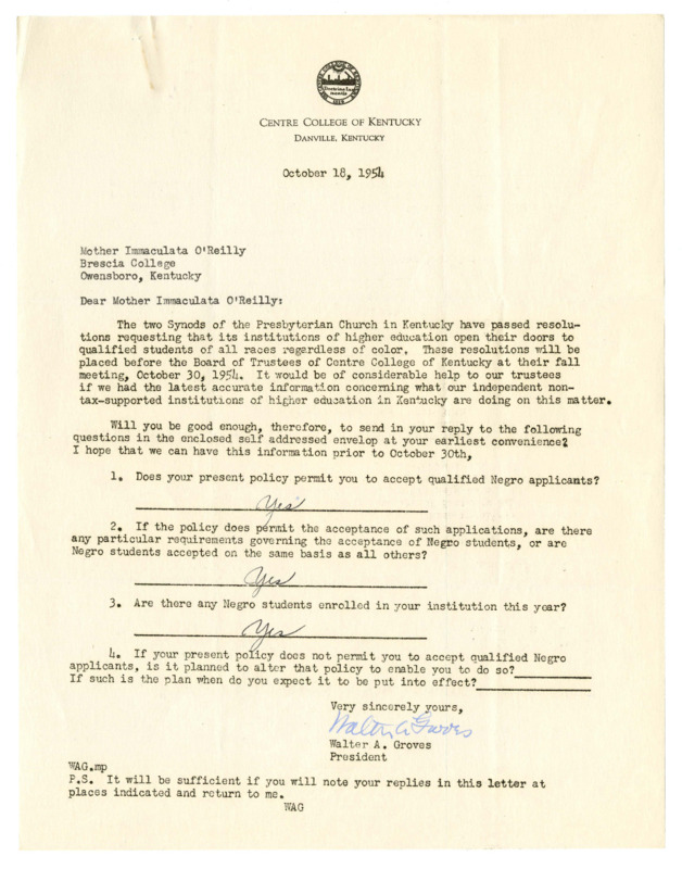Letter from Centre President Groves to Brescia College inquiring as to Brescia&#039;s policies on admitting students of color, and Brescia&#039;s response, 1954