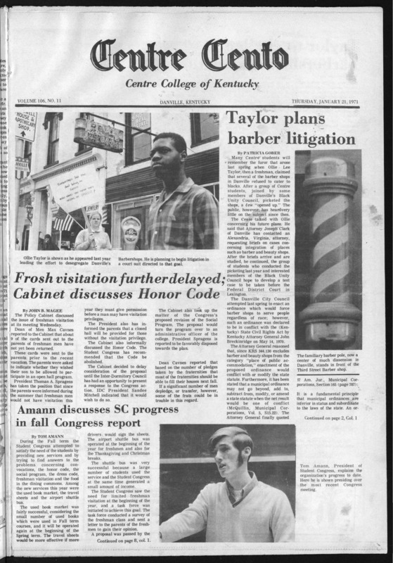 Centre College student newspaper article about Ollie Taylor, a Centre student who led the efforts to desegregate Danville barbershops, 1971