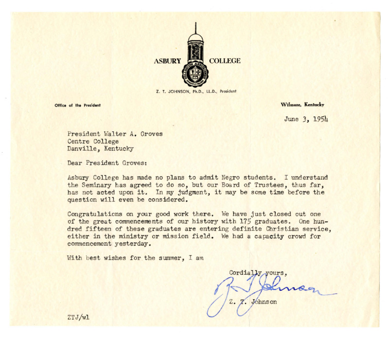 Letter from Asbury College President Z. T. Johnson to Centre College President Walter A. Groves regarding Asbury&#039;s policy on race, 1954