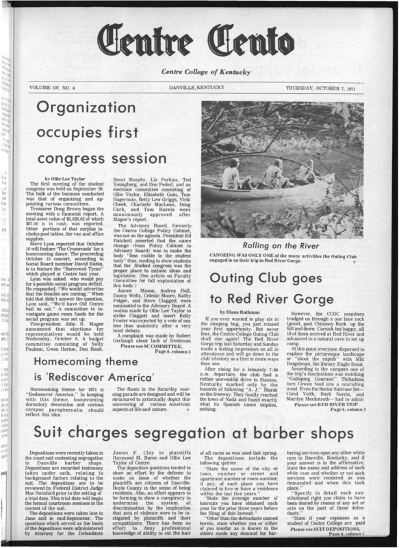 Centre College student newspaper article regarding the charges against Danville barbershops, 1971