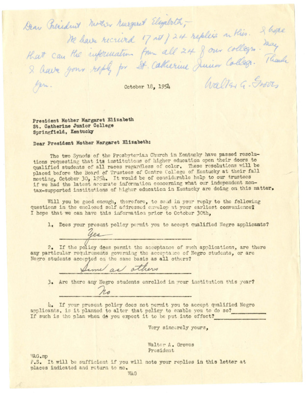 Letter from Centre President Groves to St. Catherine Junior College inquiring as to St. Catherine&#039;s policies on admitting students of color, and St. Catherine&#039;s response, 1954