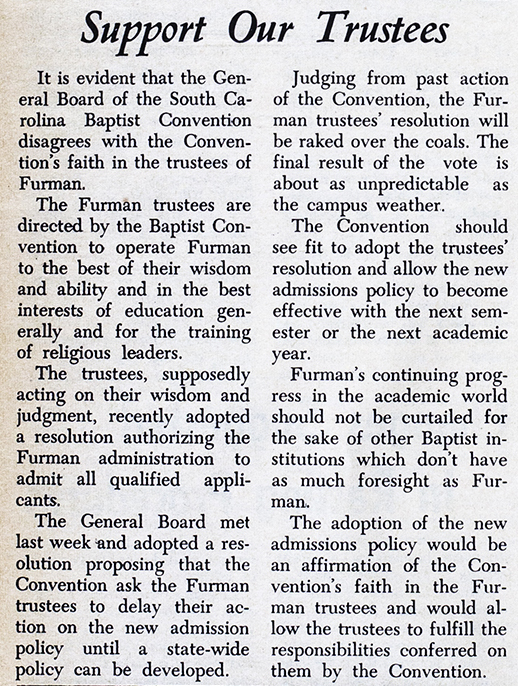 Editorial in The Paladin, Furman University&#039;s student newspaper