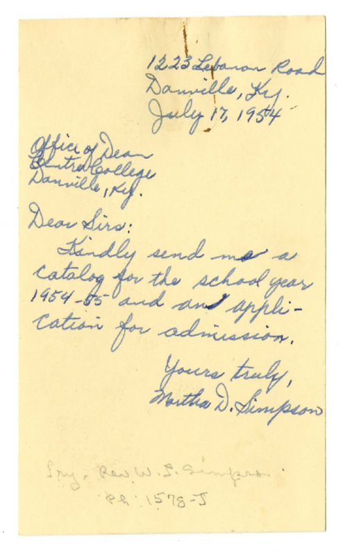 Letter from Martha D. Simpson requesting to apply to Centre College, 1954