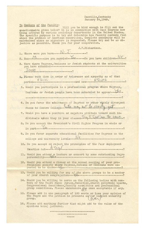 American minorities faculty questionnaire, Centre College, 1949