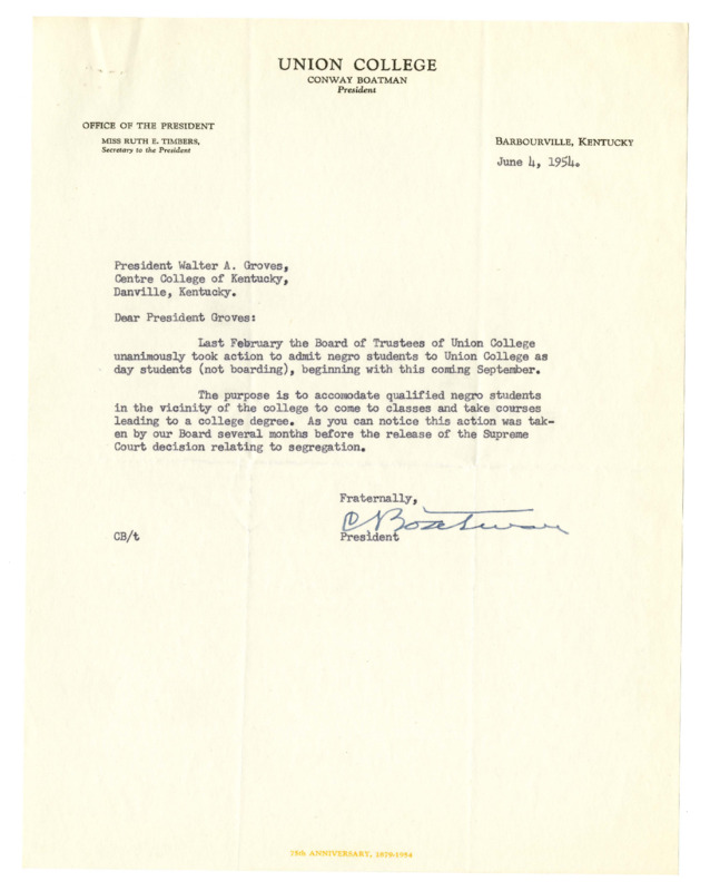 Letter from Union College President Conway Boatman to Centre College President Walter A. Groves regarding Union&#039;s policy on race, 1954