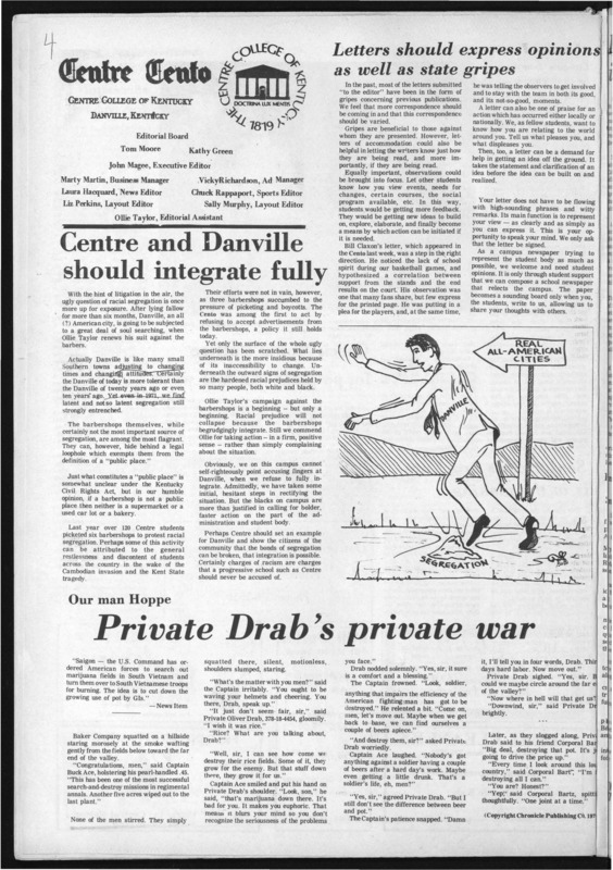 Centre College student newspaper opinion piece regarding the picketing of Danville&#039;s segregated barbershops, 1971