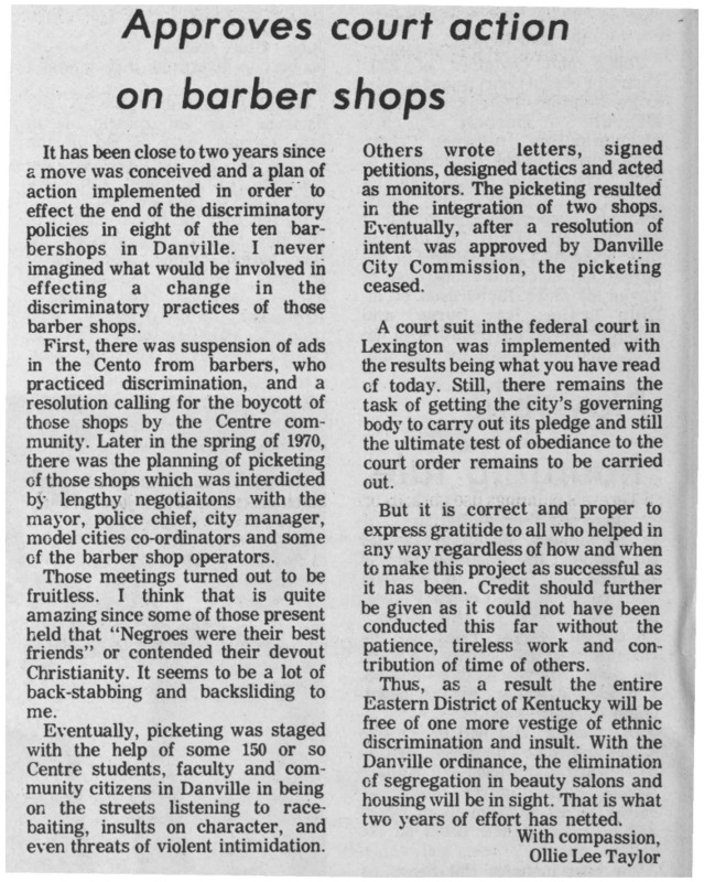 Letter from Centre College student Ollie Lee Taylor in the student newspaper expressing his appreciation to everyone in the fight against discrimination in Danville barbershops, 1972